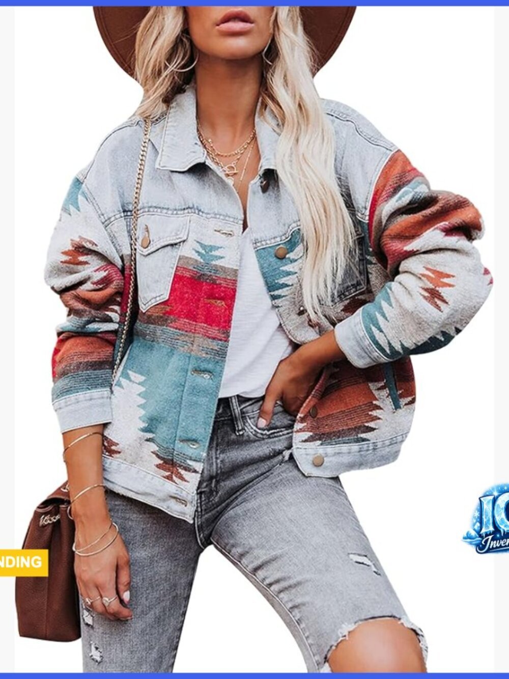 Button Down Denim Jacket Women Vintage Distressed Aztec Print Shacket